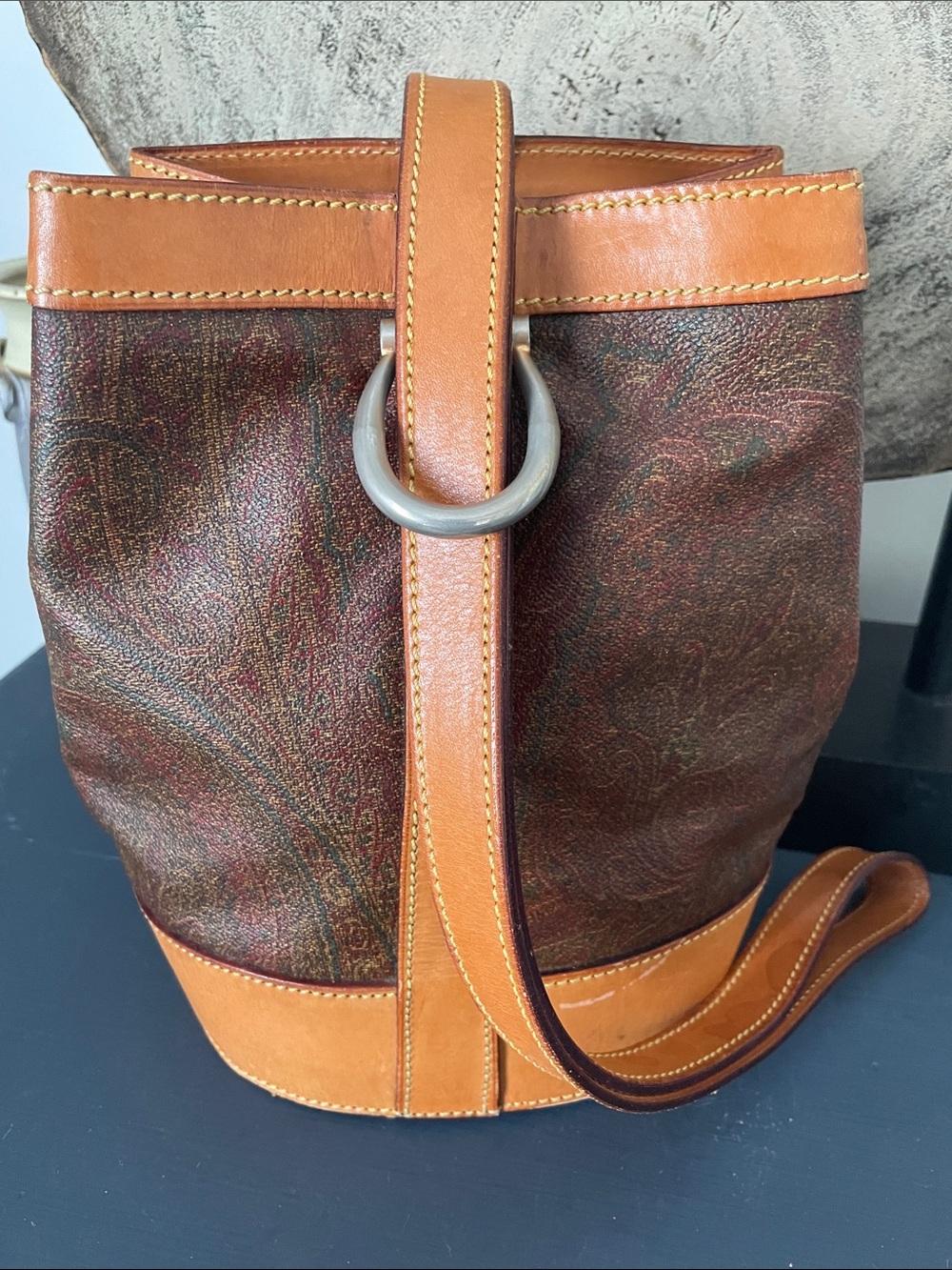 Etro vintage Leather-Trim Bucket Bag in Brown and Tan